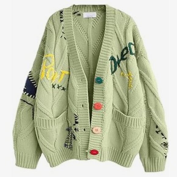 ebossy Cable Knit Cardigan Embroidery Sweater Button V Neck Coat Size M Green - Picture 15 of 15